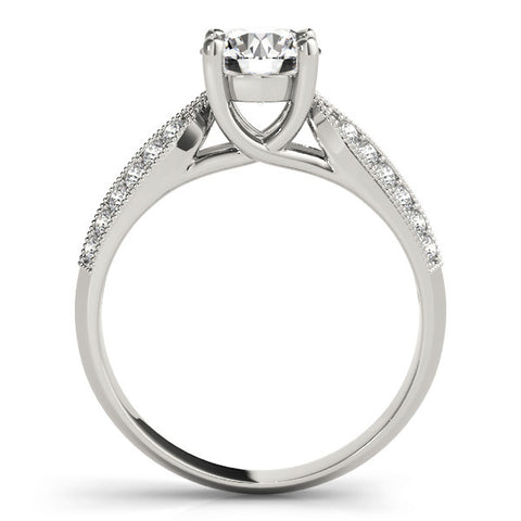 Silver Round Brilliant Solitaire Engagement Ring with Pave Band and Four-Prong Setting 1