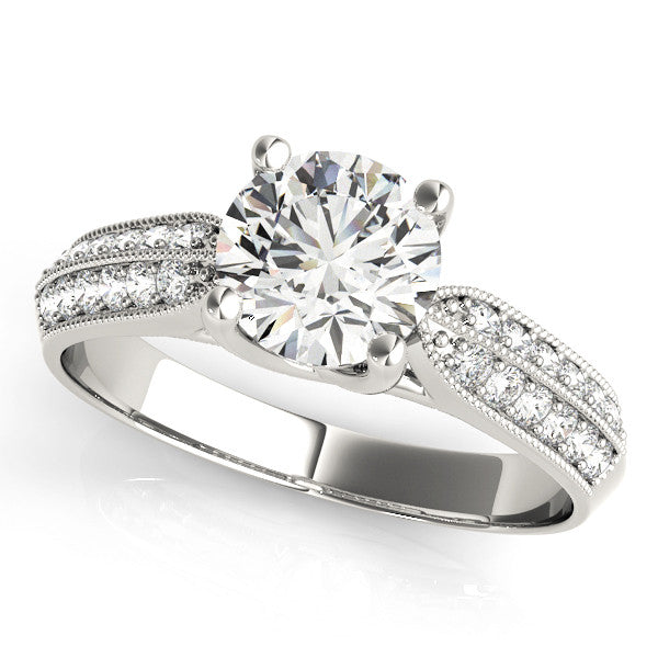 Silver Round Brilliant Solitaire Engagement Ring with Pave Band and Four-Prong Setting 2