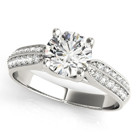 Silver Round Brilliant Solitaire Engagement Ring with Pave Band and Four-Prong Setting 2