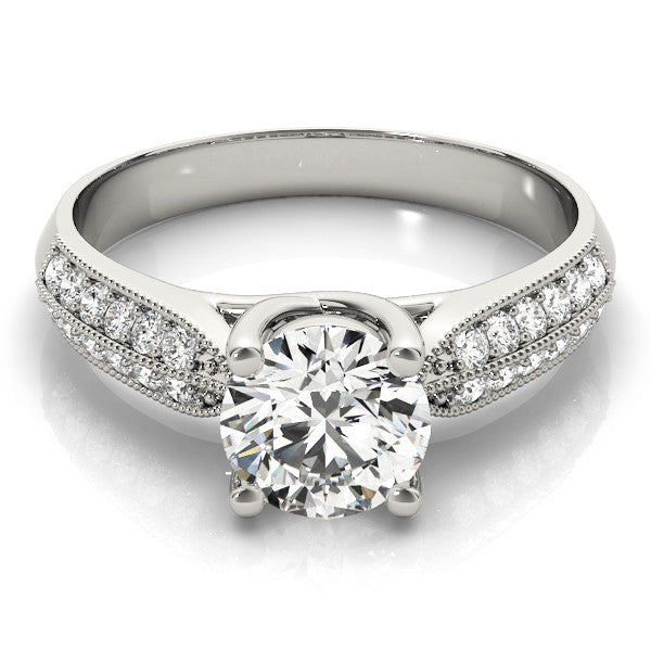 Silver Round Brilliant Solitaire Engagement Ring with Pave Band and Four-Prong Setting