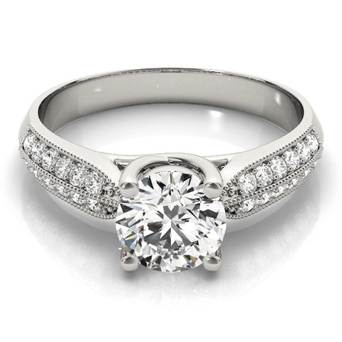 Silver Round Brilliant Solitaire Engagement Ring with Pave Band and Four-Prong Setting