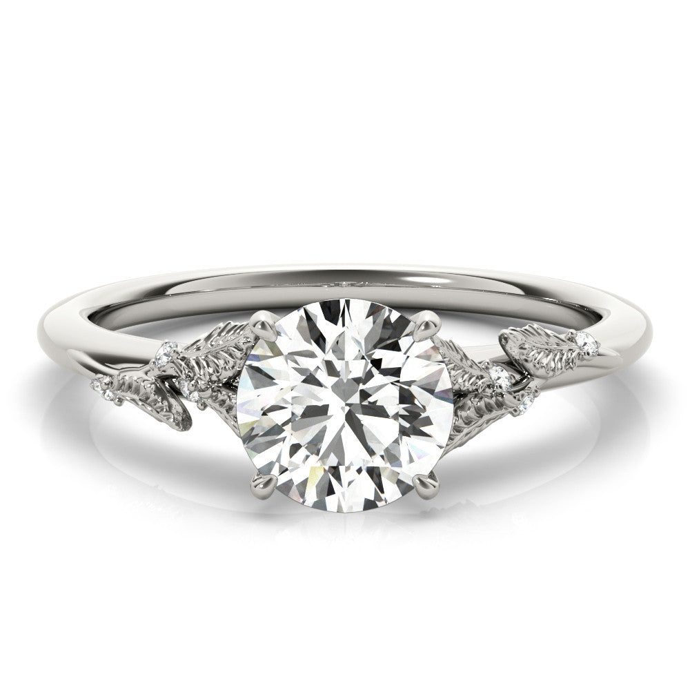 Silver Round Brilliant Solitaire with Leaf Motif Band and Four-Prong Setting 2