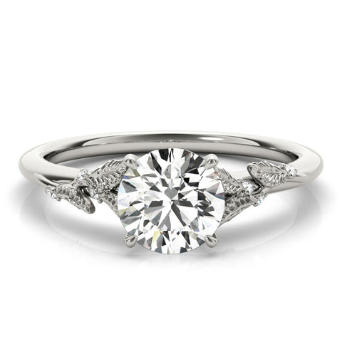 Silver Round Brilliant Solitaire with Leaf Motif Band and Four-Prong Setting 2