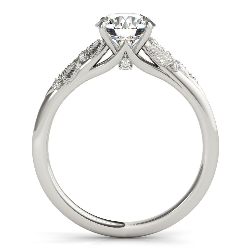 Silver Round Brilliant Solitaire with Leaf Motif Band and Four-Prong Setting