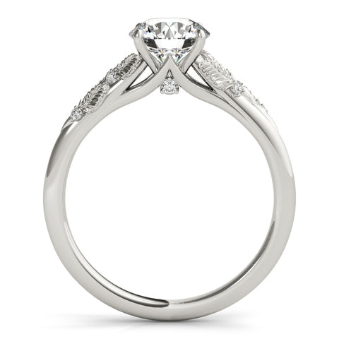 Silver Round Brilliant Solitaire with Leaf Motif Band and Four-Prong Setting