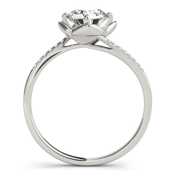 Silver Round Brilliant Solitaire with Pavé Band and Four-Prong Cushion Setting
