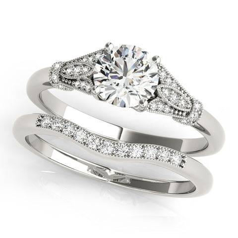 Silver Round Brilliant Solitaire with Pave Band and Four-Prong Setting