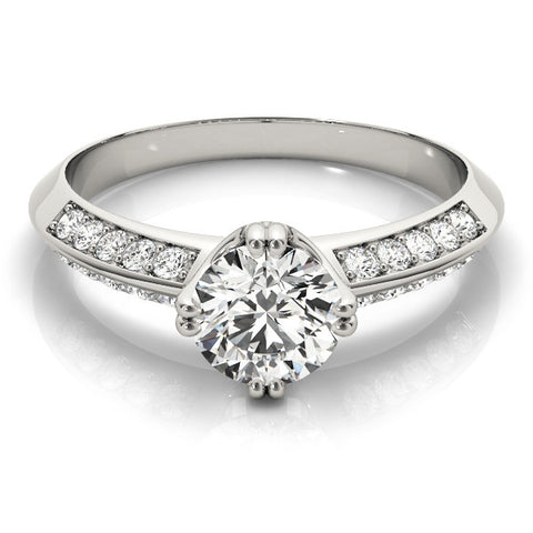 Silver Round Brilliant Split Shank Pave Diamond Engagement Ring with Four-Prong Setting