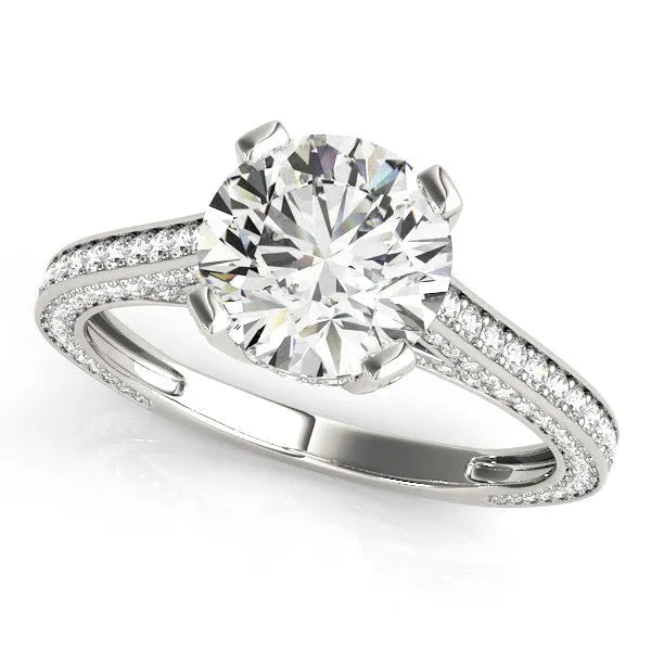 Silver Round Brilliant Split Shank Pave Solitaire Ring with Four-Prong Setting