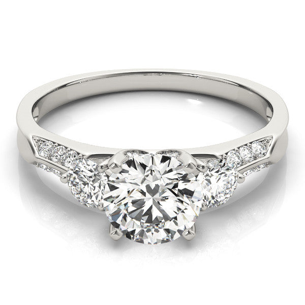 Silver Round Brilliant Three-Stone Diamond Ring with Pavé Band and Four-Prong Setting 2