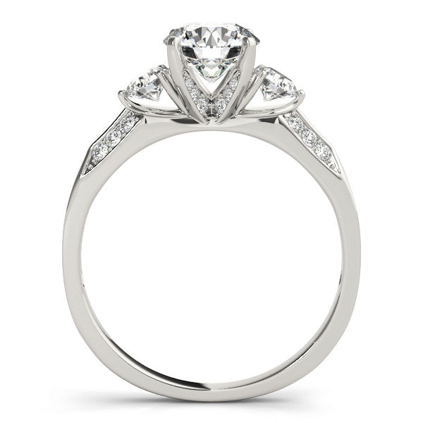 Silver Round Brilliant Three-Stone Diamond Ring with Pavé Band and Four-Prong Setting