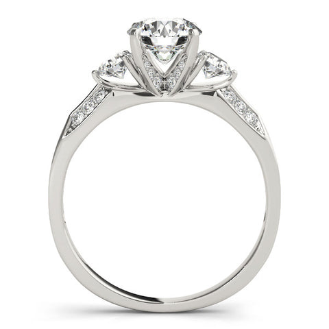 Silver Round Brilliant Three-Stone Diamond Ring with Pavé Band and Four-Prong Setting