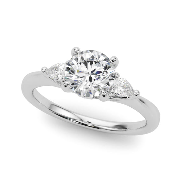White gold Round Brilliant Three-Stone Ring with Pear Side Stones and Four-Prong Setting