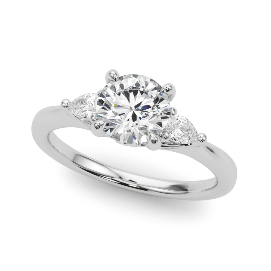 White gold Round Brilliant Three-Stone Ring with Pear Side Stones and Four-Prong Setting