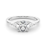 Silver Round Brilliant Three-Stone Ring with Pear Side Stones and Four-Prong Setting 2