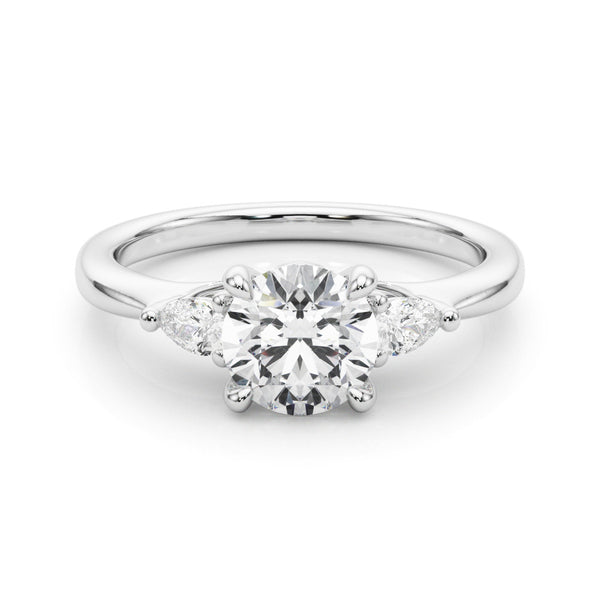 White gold Round Brilliant Three-Stone Ring with Pear Side Stones and Four-Prong Setting