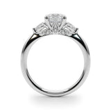 Silver Round Brilliant Three-Stone Ring with Pear Side Stones and Four-Prong Setting