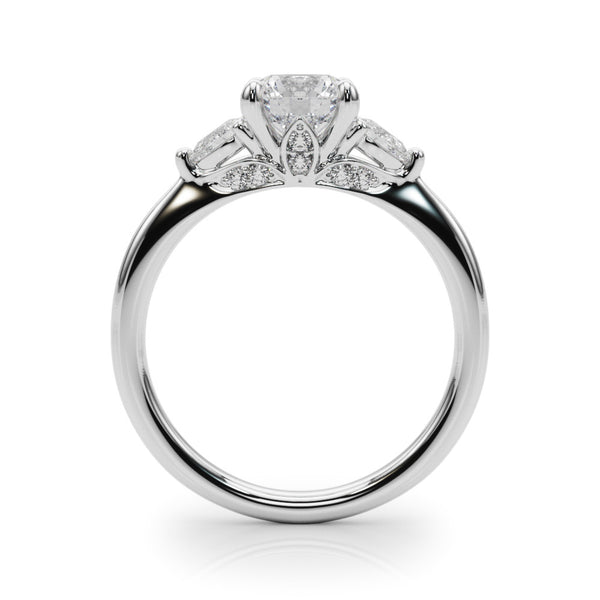 White gold Round Brilliant Three-Stone Ring with Pear Side Stones and Four-Prong Setting
