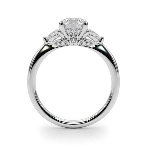 Silver Round Brilliant Three-Stone Ring with Pear Side Stones and Four-Prong Setting