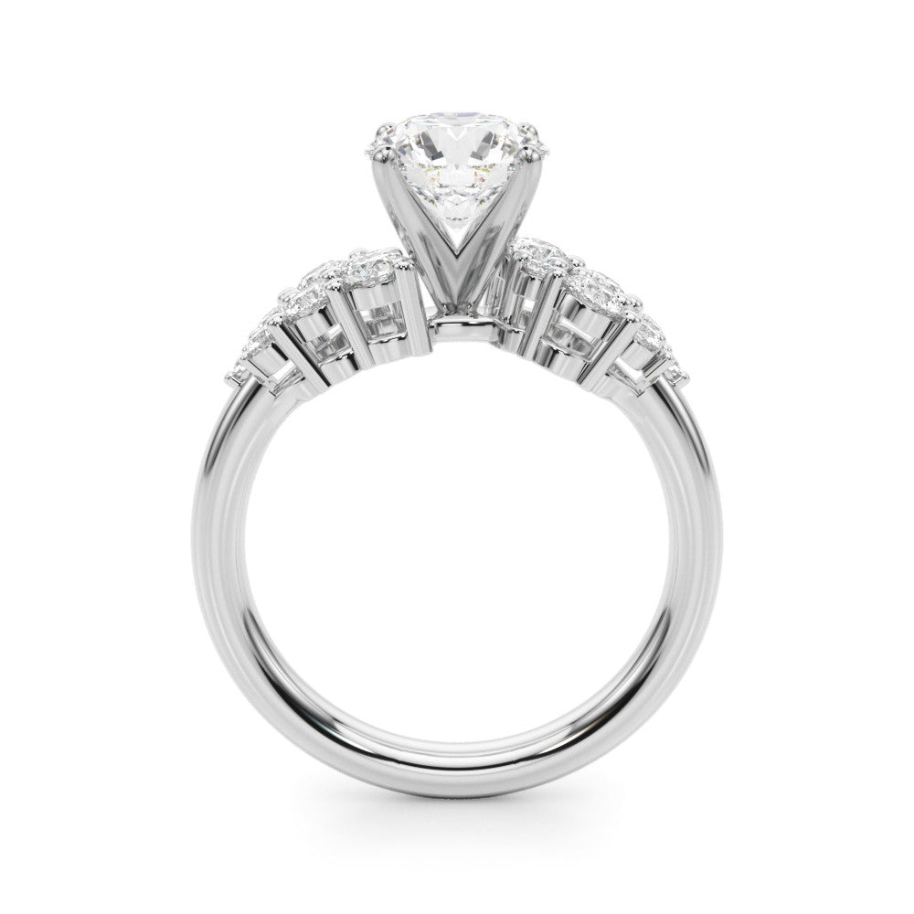 Silver Round Cluster Diamond Engagement Ring with Pavé Band and Four-Prong Setting 1