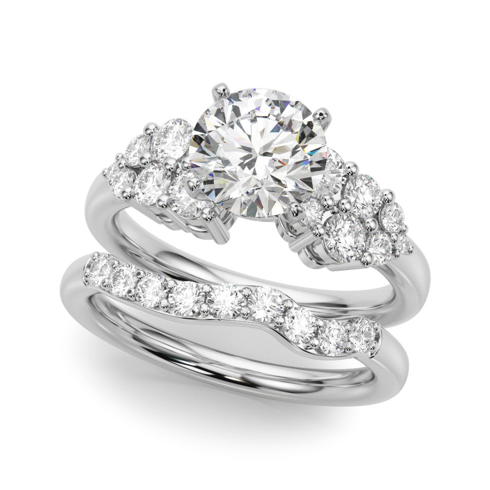 Silver Round Cluster Diamond Engagement Ring with Pavé Band and Four-Prong Setting