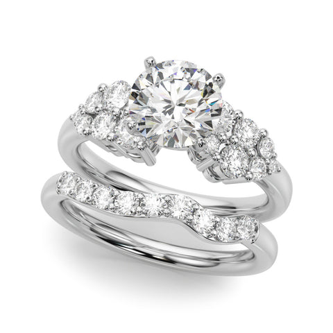 Silver Round Cluster Diamond Engagement Ring with Pavé Band and Four-Prong Setting