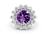 Silver Round Cut Amethyst Floral Double Halo Engagement Ring with Prong Setting_192