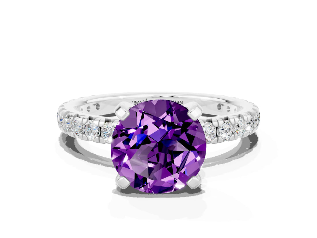 Silver Round Cut Amethyst Pavé Solitaire Ring with Round Band and Prong Setting_42