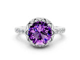 Silver Round Cut Amethyst Scalloped Halo Engagement Ring with Round Shared Prong Band_30