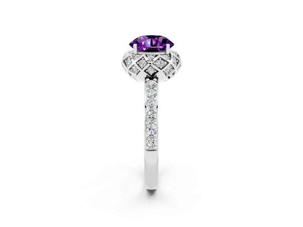 Silver Round Cut Amethyst Scalloped Halo Engagement Ring with Round Shared Prong Band