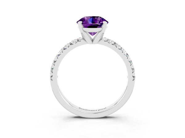 Silver Round Cut Amethyst Solitaire Pavé Engagement Ring with Round Band and Prong Setting