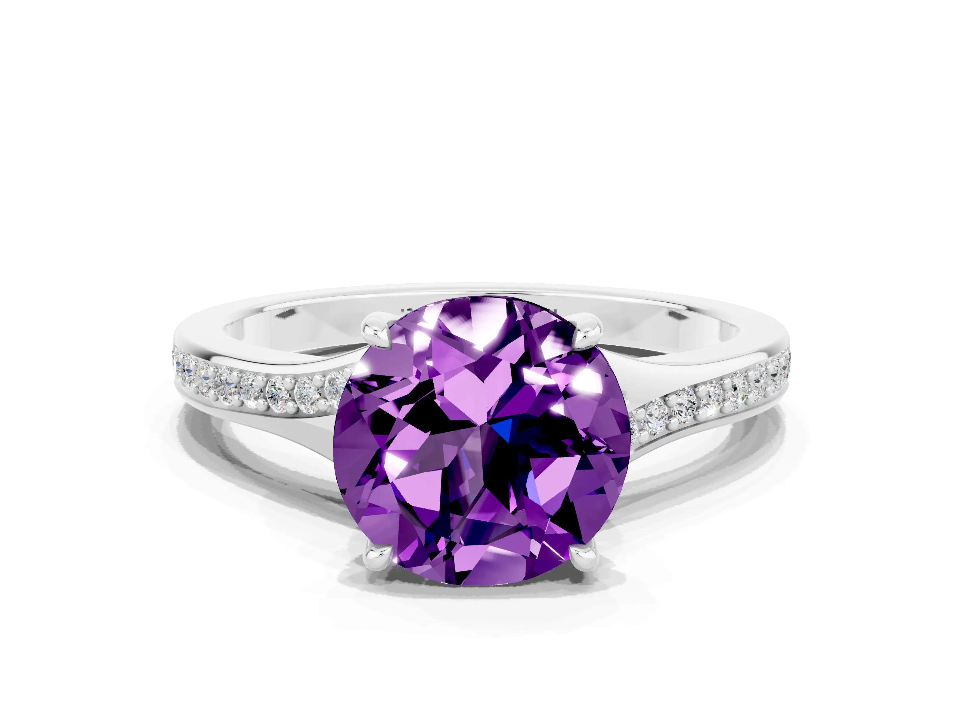 Silver Round Cut Amethyst Solitaire Ring with Pavé Band and Prong Setting_12