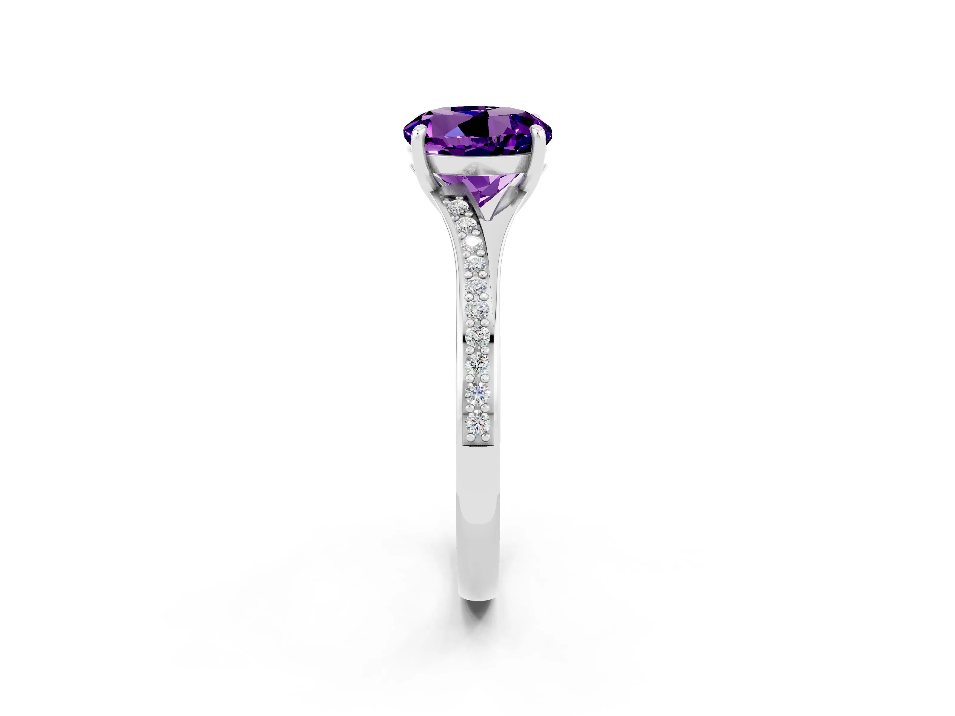 Silver Round Cut Amethyst Solitaire Ring with Pavé Band and Prong Setting_14