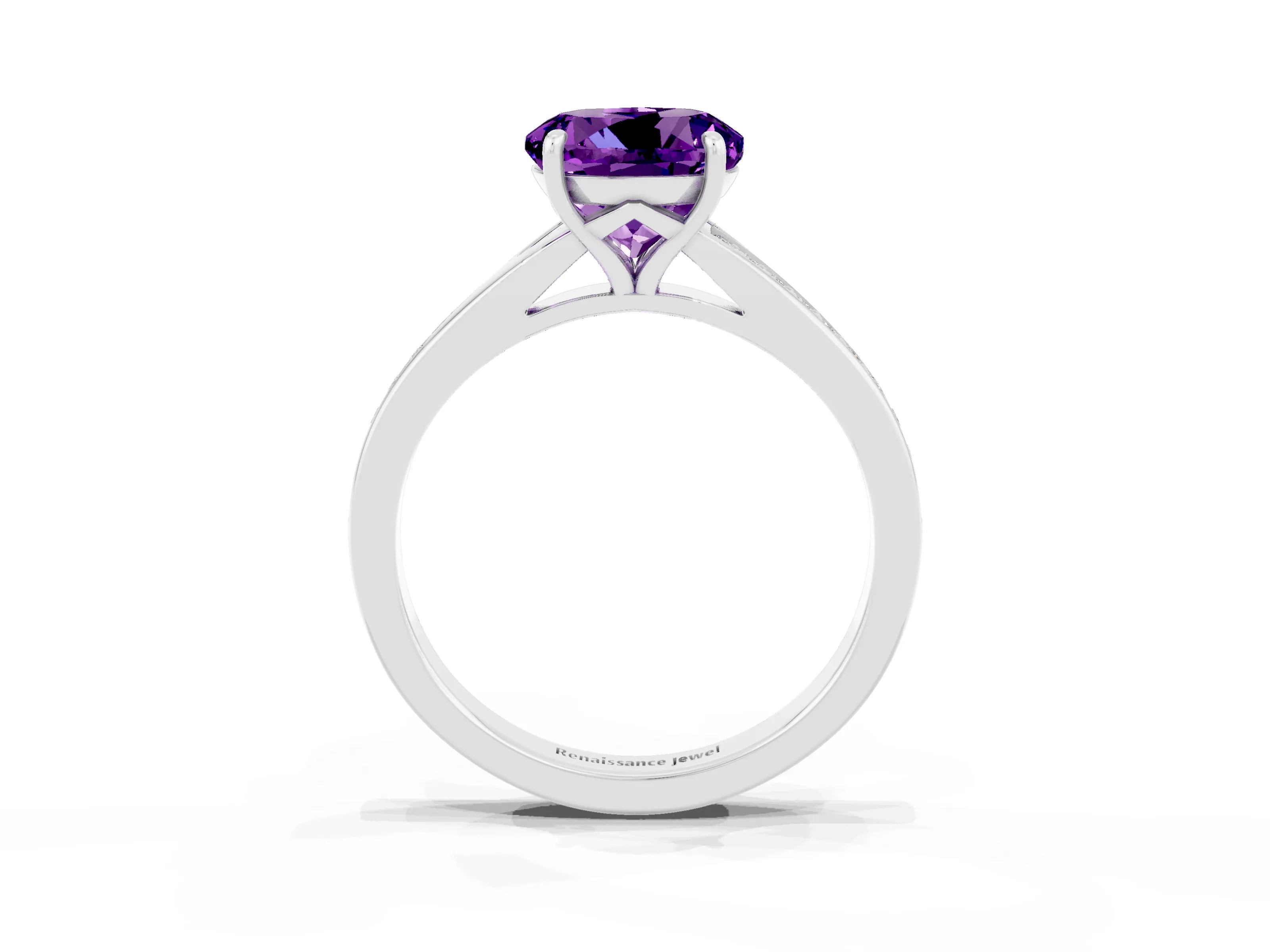 Silver Round Cut Amethyst Solitaire Ring with Pavé Band and Prong Setting_15