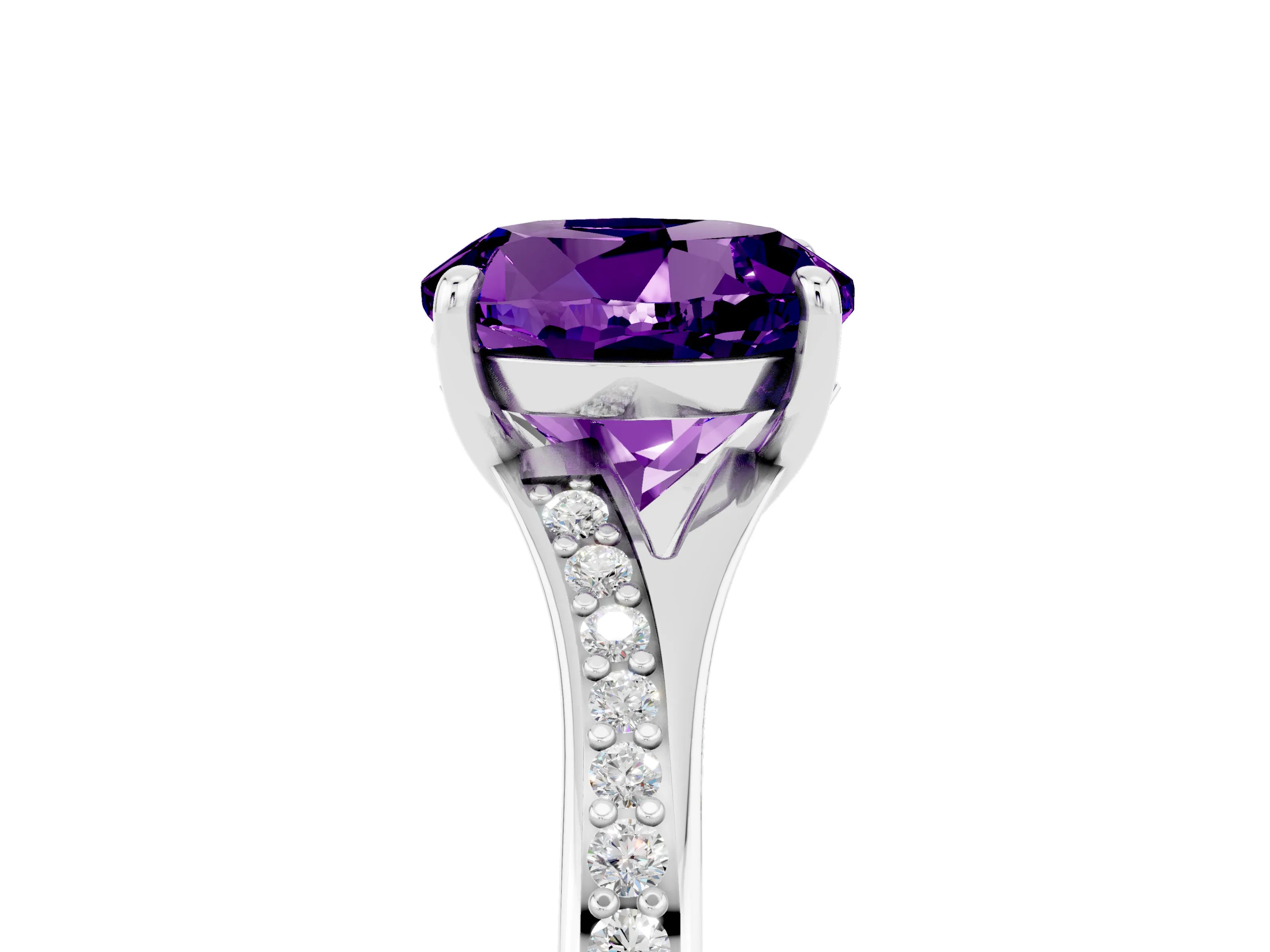 Silver Round Cut Amethyst Solitaire Ring with Pavé Band and Prong Setting_17