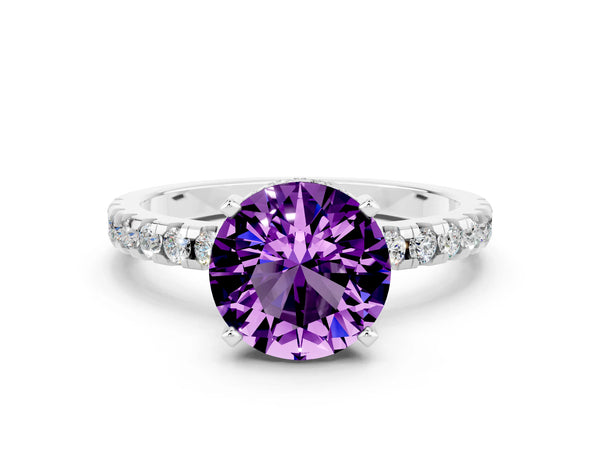 Silver Round Cut Amethyst Solitaire Ring with Round Pavé Band and Four-Prong Setting