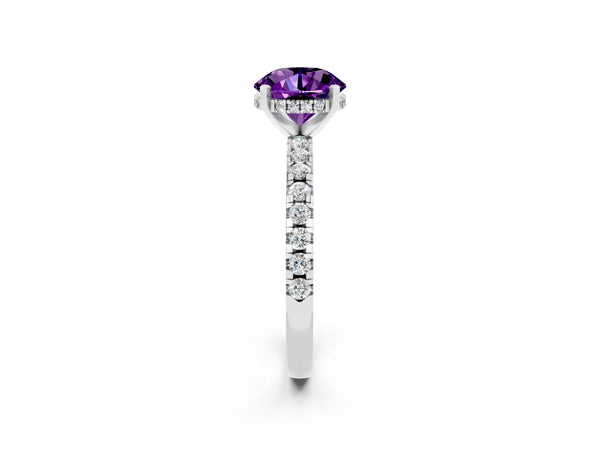 Silver Round Cut Amethyst Solitaire Ring with Round Pavé Band and Four-Prong Setting