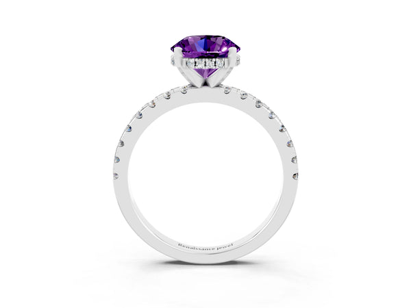Silver Round Cut Amethyst Solitaire Ring with Round Pavé Band and Four-Prong Setting