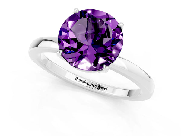 Silver Round Cut Amethyst Solitaire Ring with Thin Band and Prong Setting