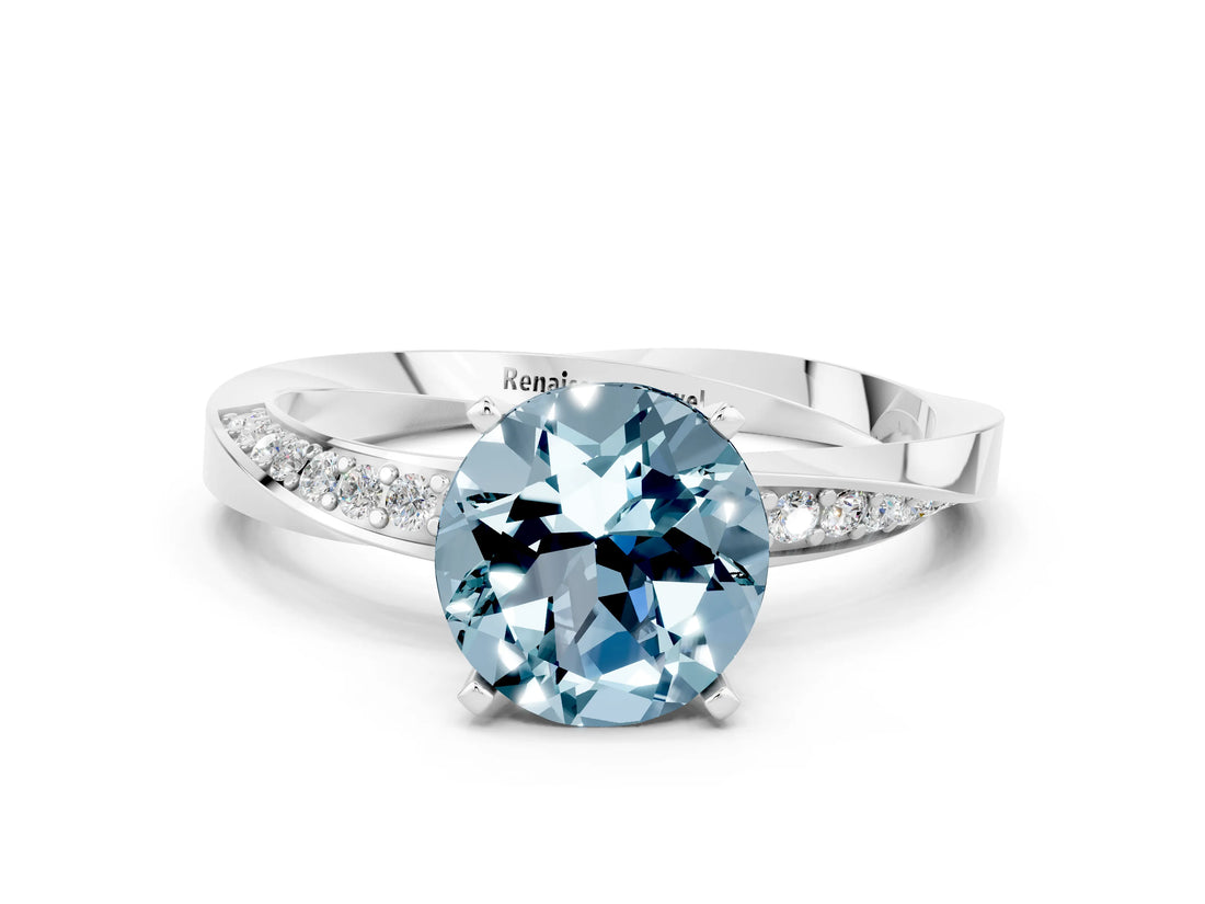 Silver Round Cut Aquamarine Engagement Ring with Side Stone Accents and Four-Prong Setting_12