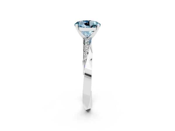 Silver Round Cut Aquamarine Engagement Ring with Side Stone Accents and Four-Prong Setting