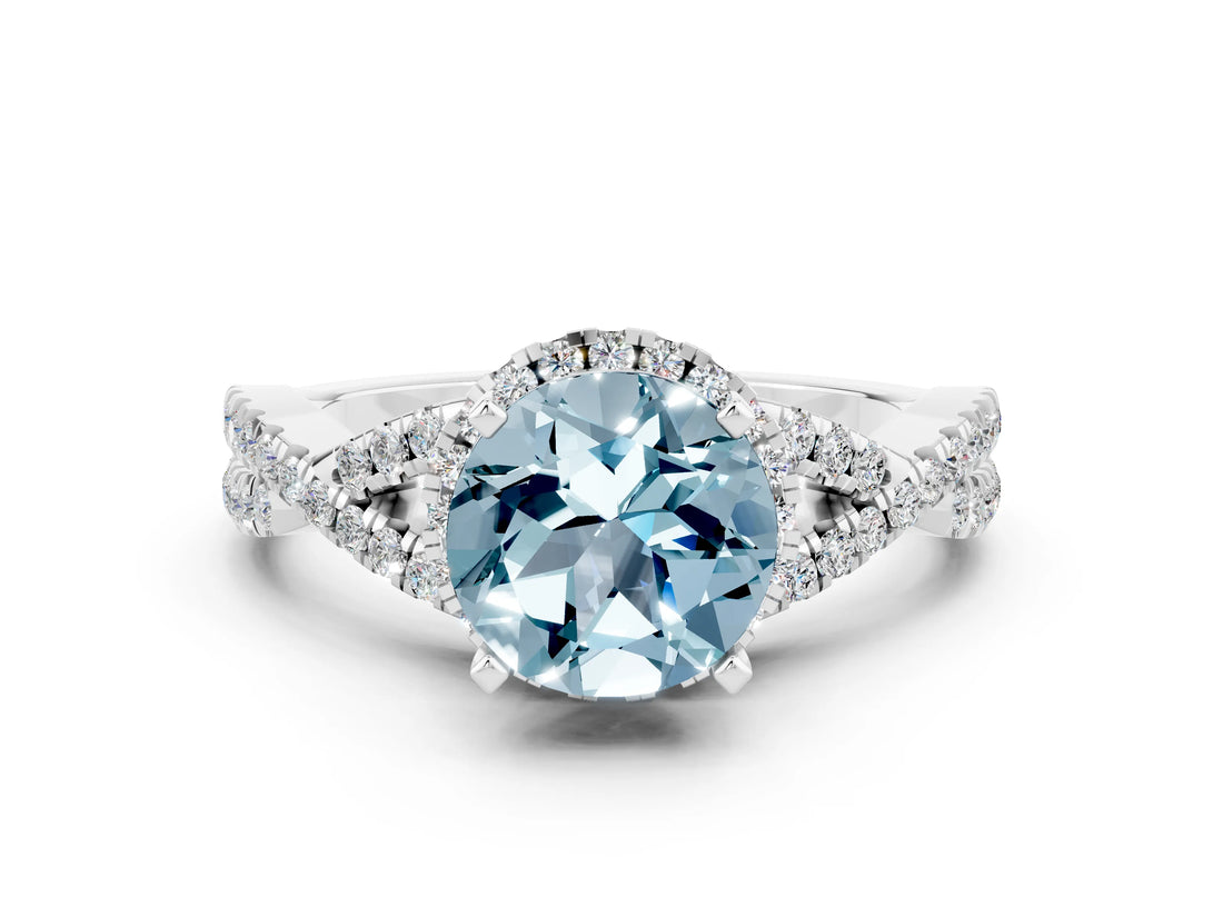 Silver Round Cut Aquamarine  Halo Twist Band Solitaire Prong Setting Ring_12