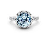 Silver Round Cut Aquamarine Scalloped Halo Engagement Ring with Round Shared Prong Band_30