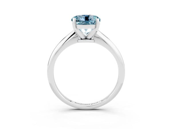 Silver Round Cut Aquamarine Solitaire Engagement Ring with Classic Band and Four-Prong Setting