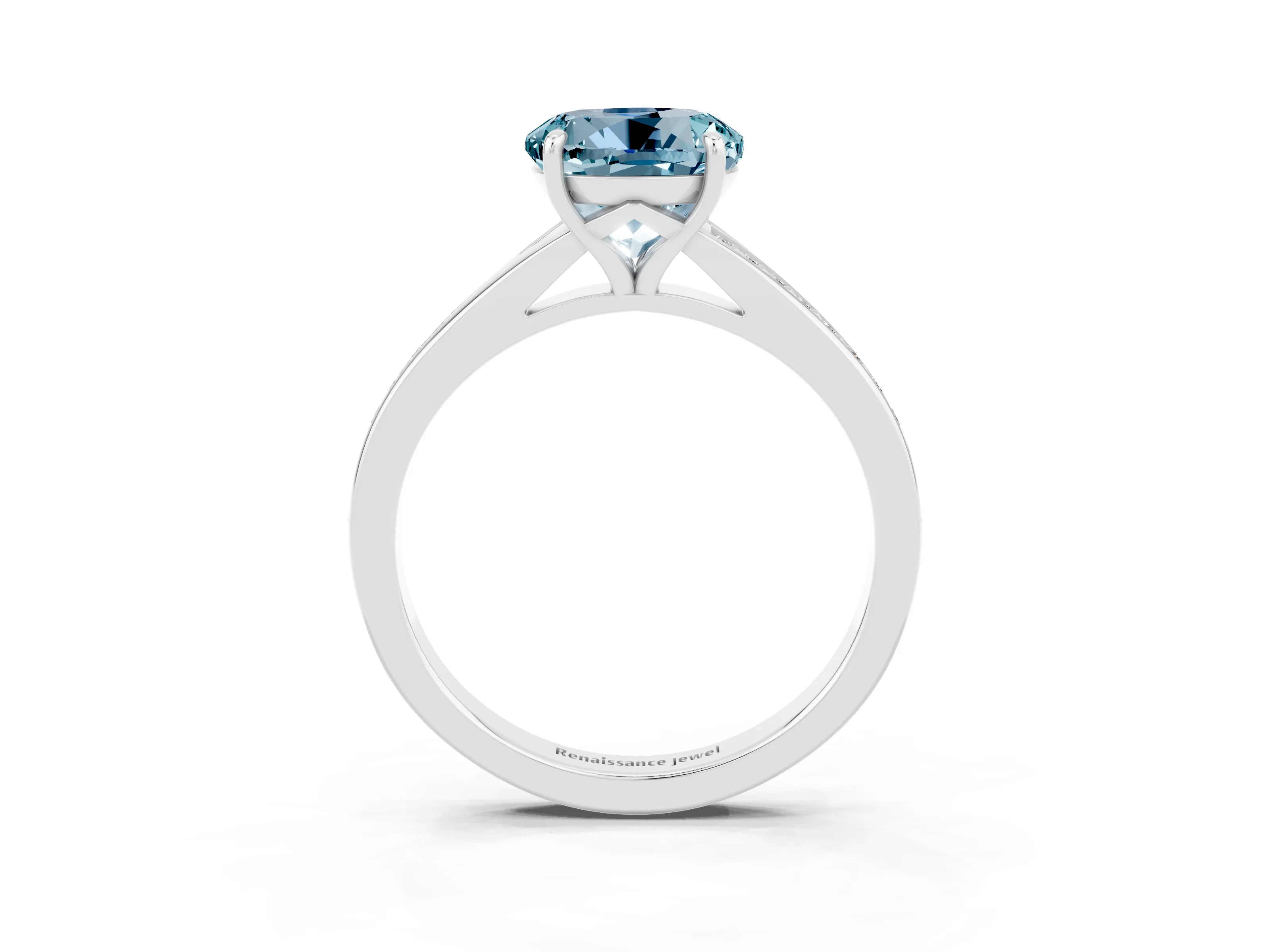 Silver Round Cut Aquamarine Solitaire Ring with Pavé Band and Prong Setting_15
