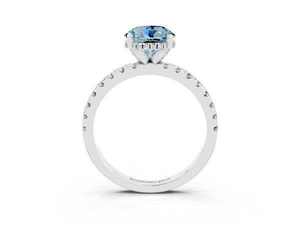 Silver Round Cut Aquamarine Solitaire Ring with Round Pavé Band and Four-Prong Setting