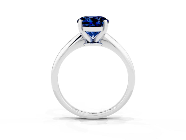 Silver Round Cut Blue Sapphire Solitaire Engagement Ring with Classic Band and Four-Prong Setting