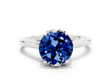 Silver Round Cut Blue Sapphire Solitaire Ring with Flower Prong Setting and Classic Band