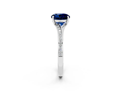 Silver Round Cut Blue Sapphire Solitaire Ring with Pavé Band and Prong Setting_14