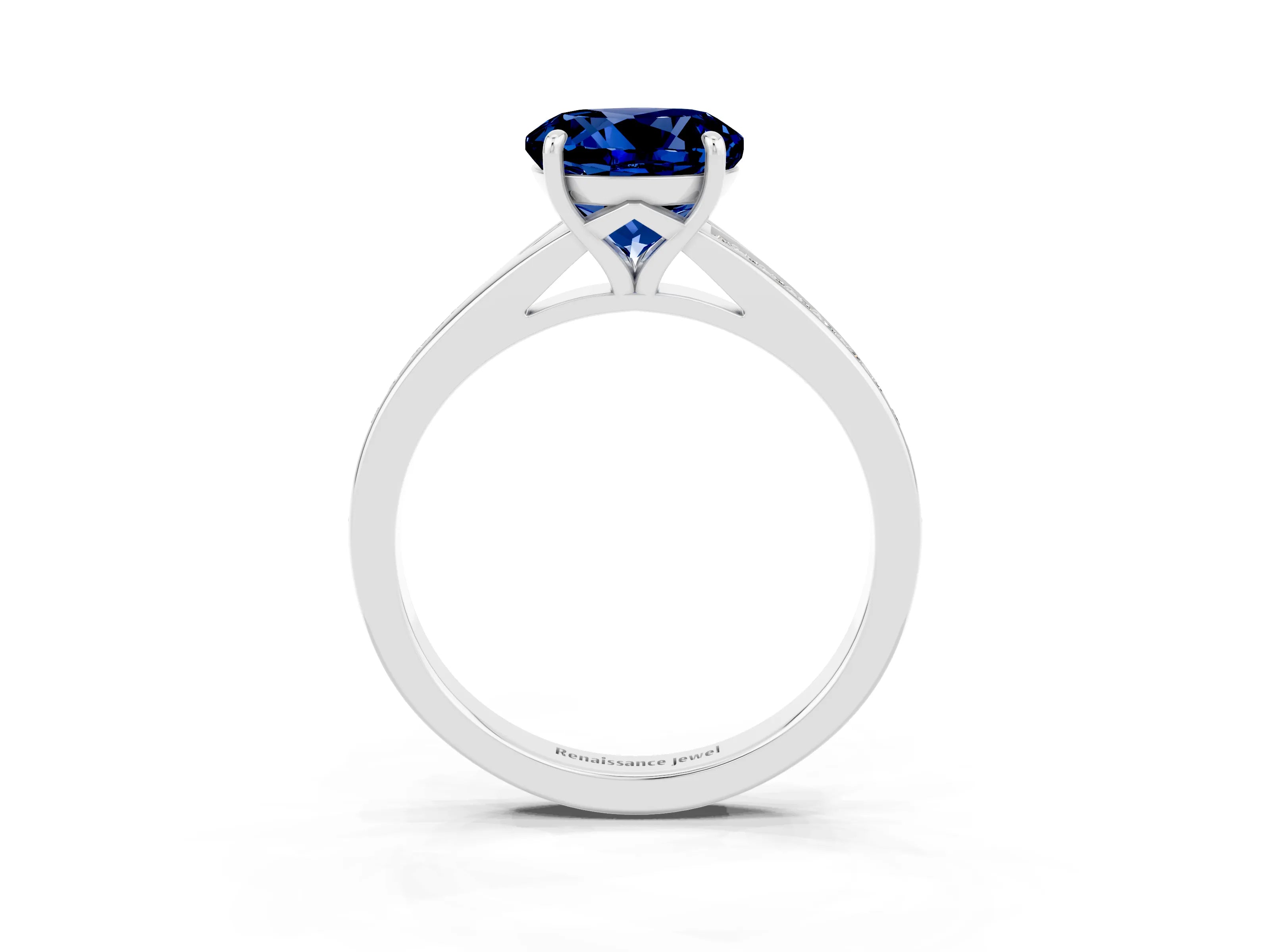 Silver Round Cut Blue Sapphire Solitaire Ring with Pavé Band and Prong Setting_15